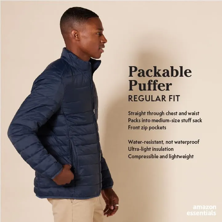 Amazon Essentials Men's Packable Lightweight Water-Resistant Puffer Jacket (Available in Big & Tall), Black, Large