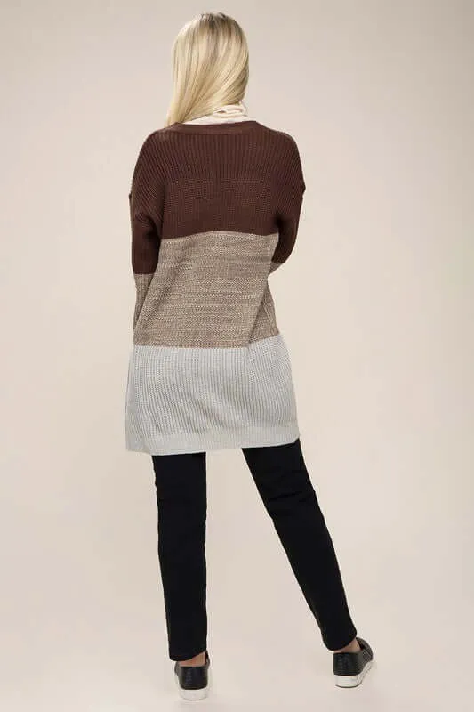Brown Color Block Open Front  Cardigan