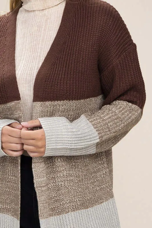 Brown Color Block Open Front  Cardigan