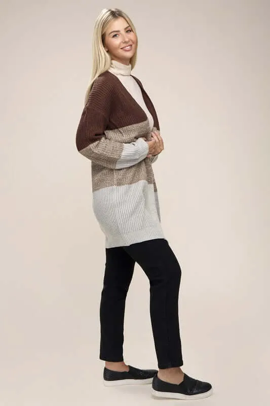 Brown Color Block Open Front  Cardigan
