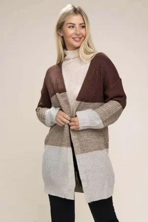 Brown Color Block Open Front  Cardigan
