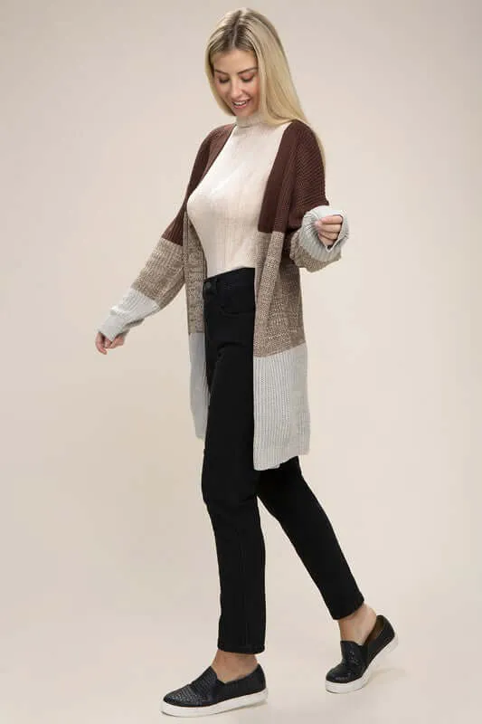 Brown Color Block Open Front  Cardigan
