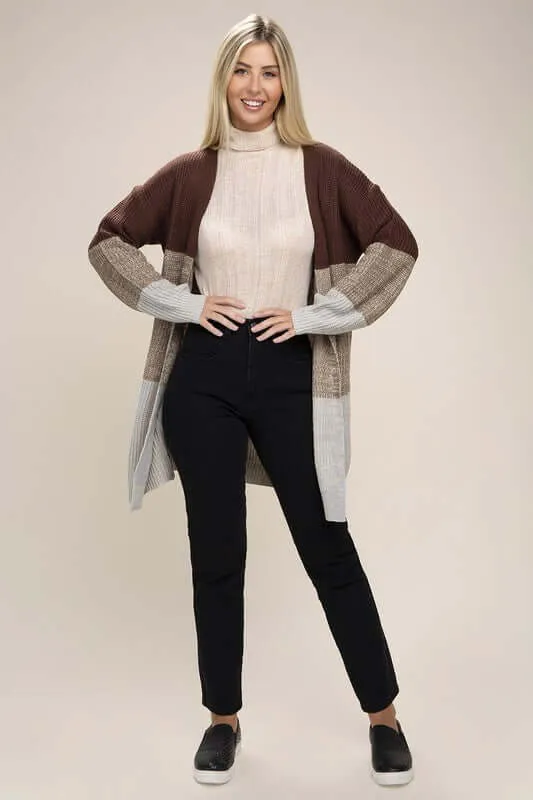 Brown Color Block Open Front  Cardigan
