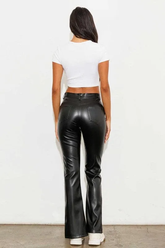 Catwalk Vegan Leather Front Slit Pants - Black