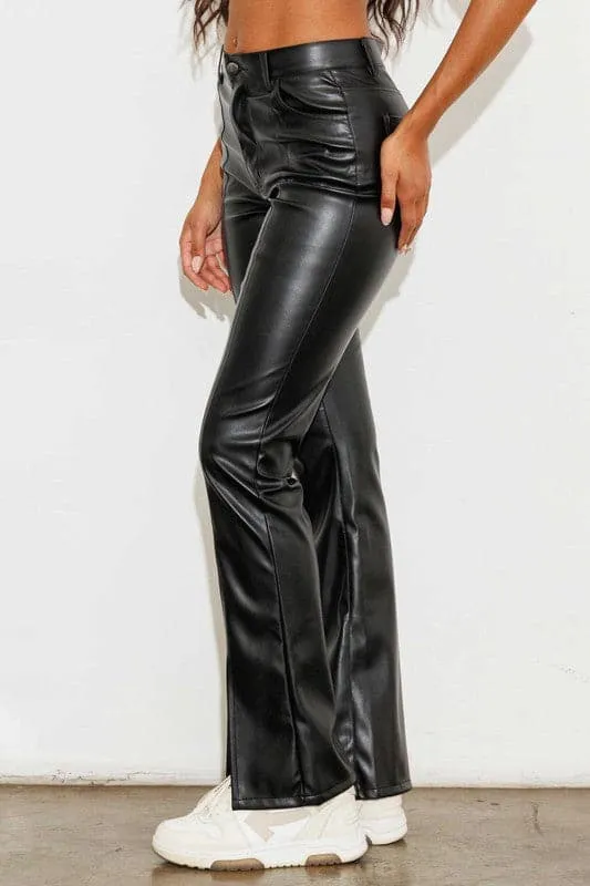Catwalk Vegan Leather Front Slit Pants - Black