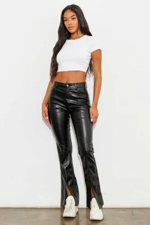 Catwalk Vegan Leather Front Slit Pants - Black