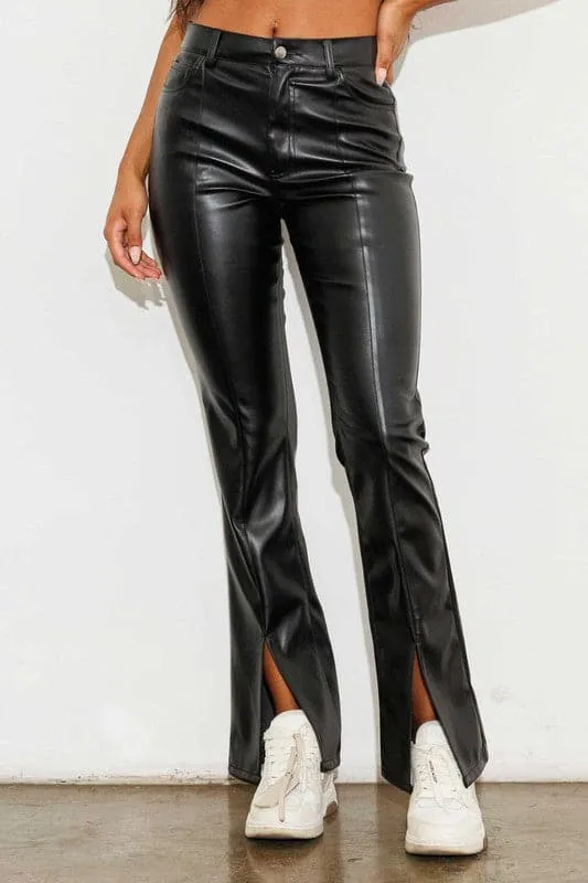 Catwalk Vegan Leather Front Slit Pants - Black