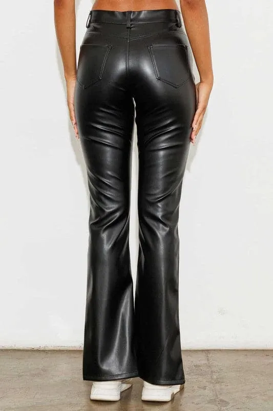 Catwalk Vegan Leather Front Slit Pants - Black