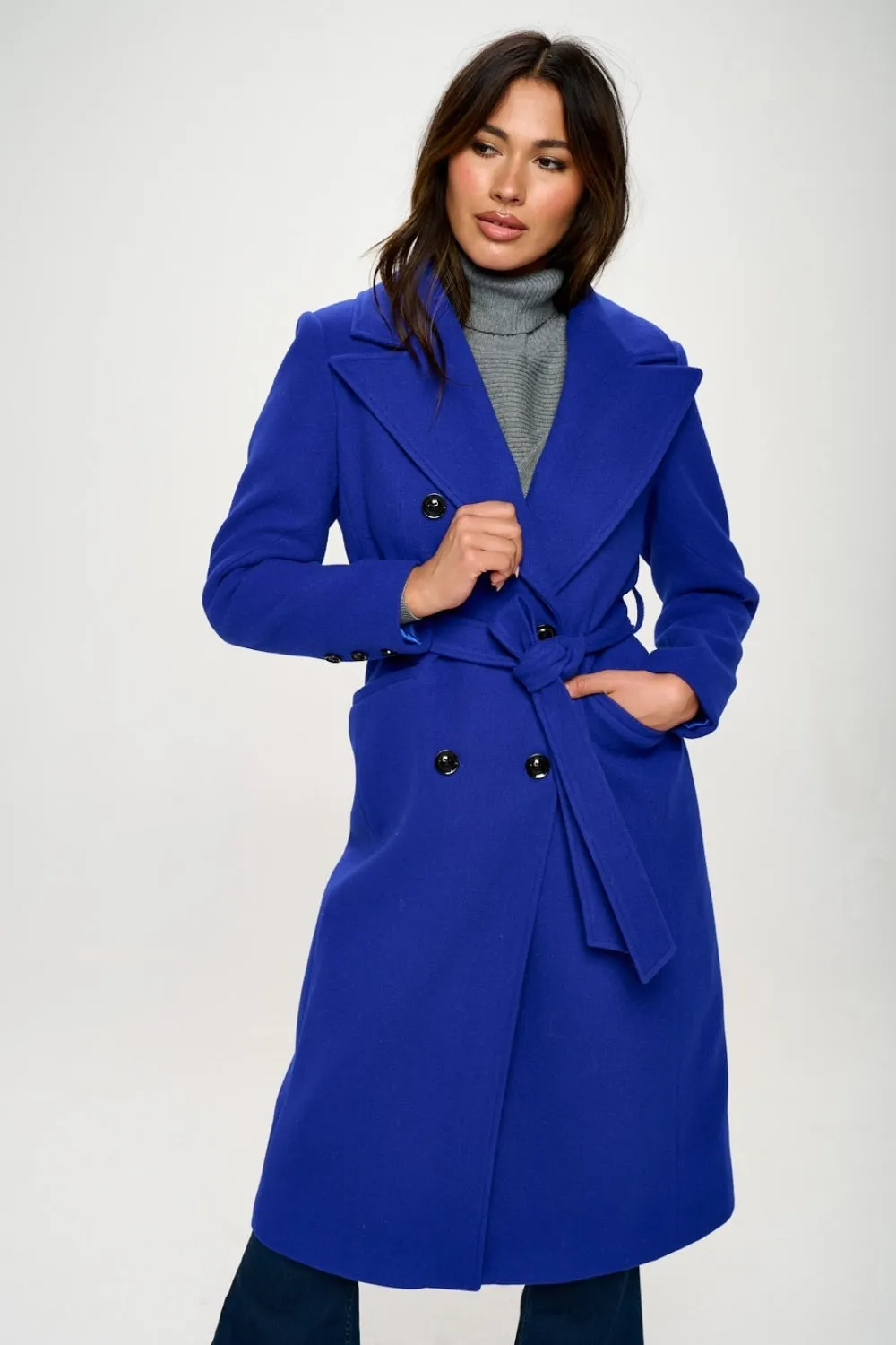 Coalition Royal Blue LA Double-Breasted Longline Coat with Belt
