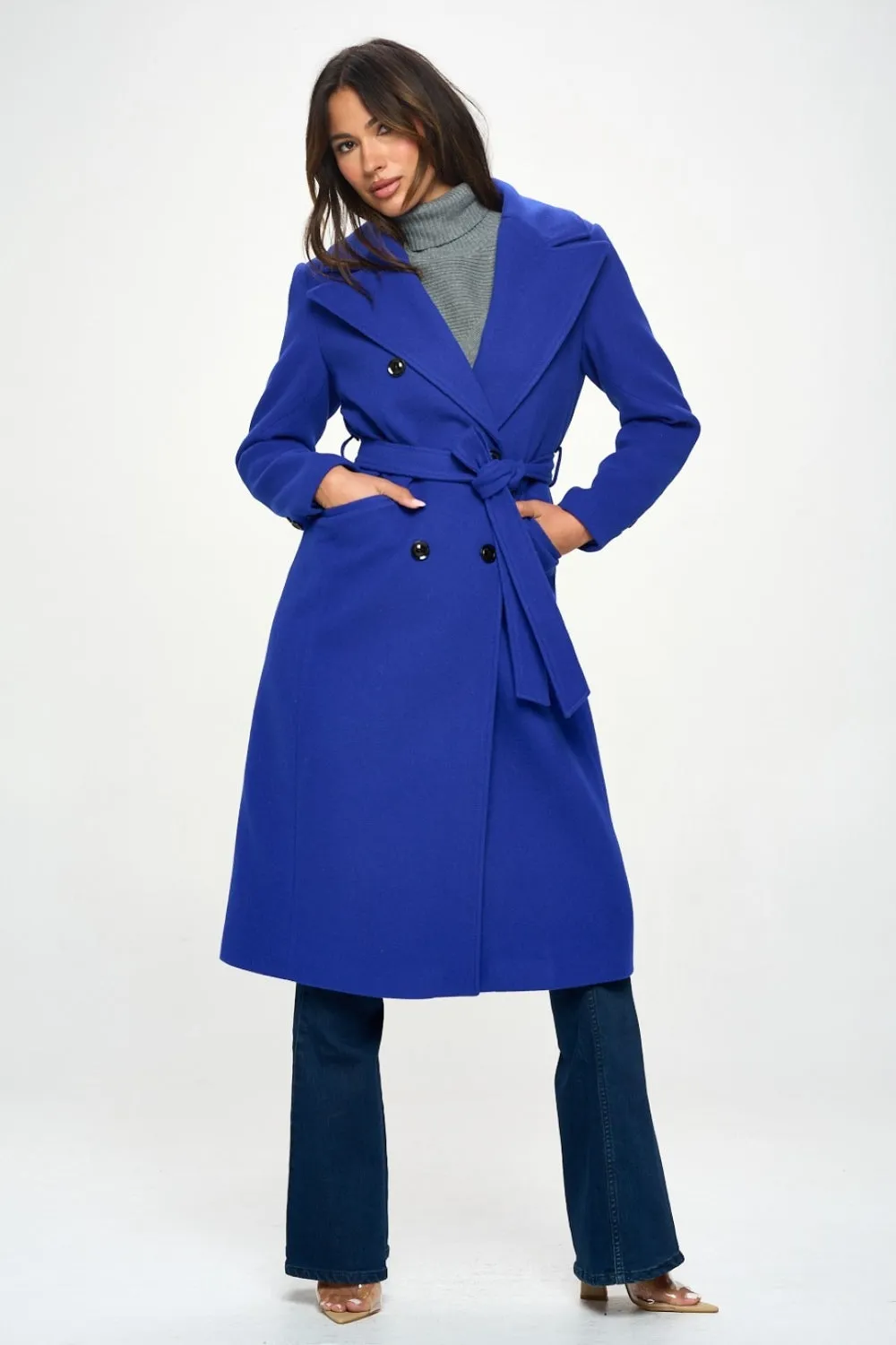 Coalition Royal Blue LA Double-Breasted Longline Coat with Belt