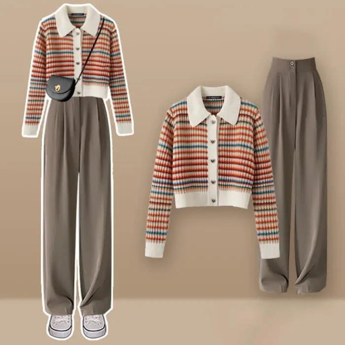 Colorful Stripe Rainbow Cardigan Casual Pants