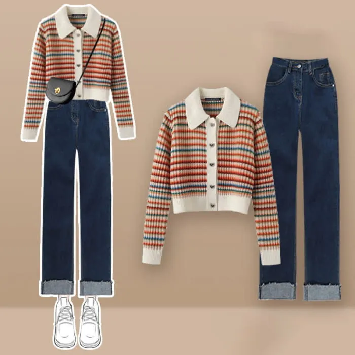 Colorful Stripe Rainbow Cardigan Casual Pants