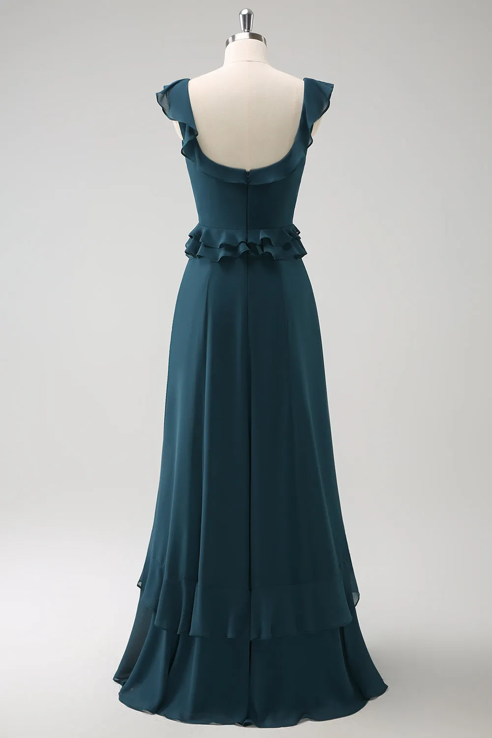 Dark Peacock Green Square Neck A Line Chiffon Bridesmaid Dress