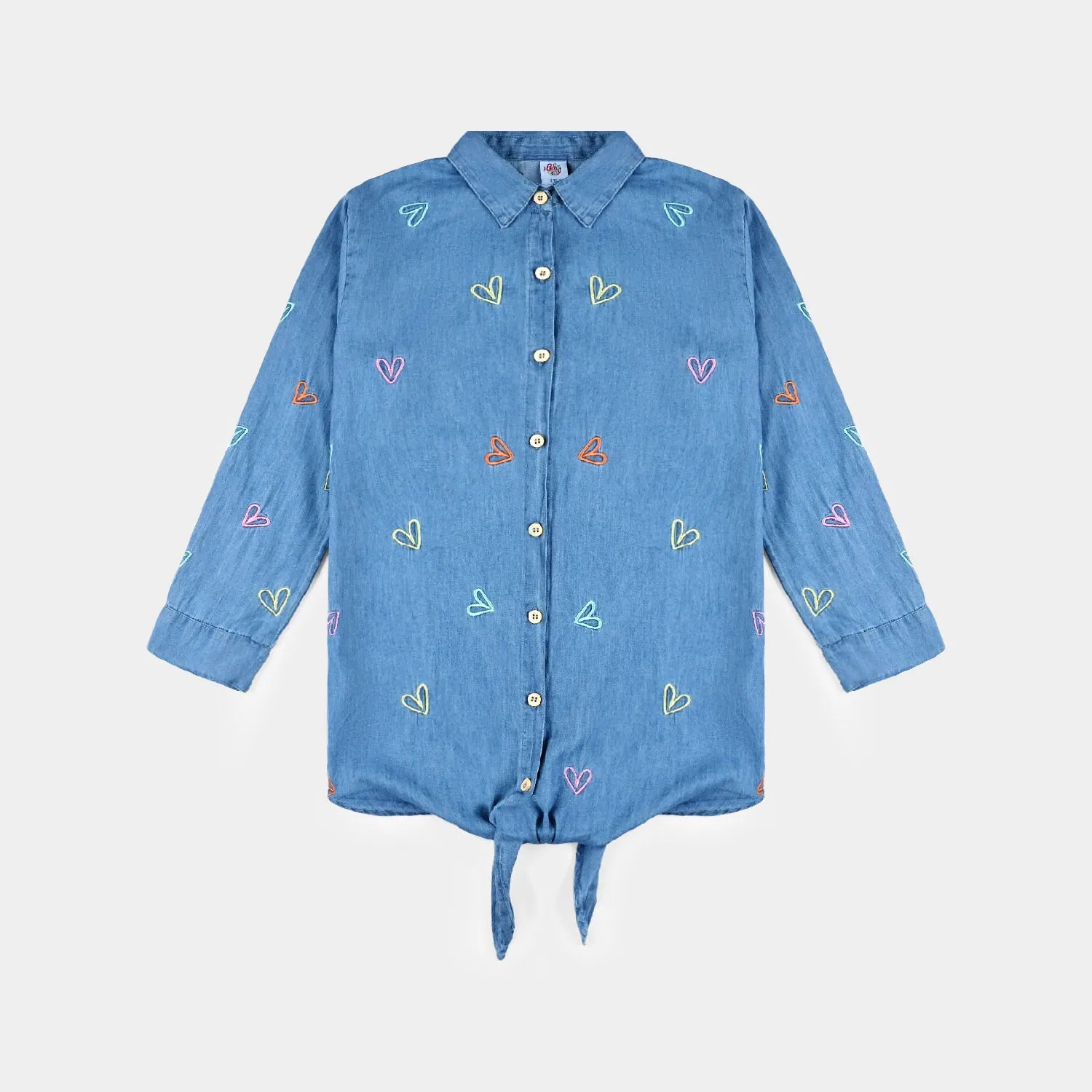 Girls Tensile Denim (Light Denim) Emb Top Hearts-Blue