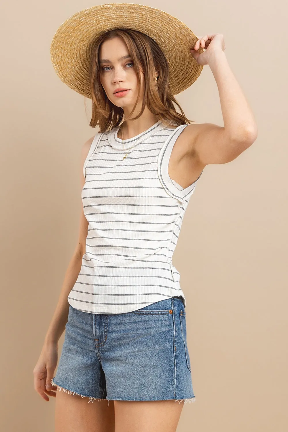Jayla - Striped Round Neck Tank - Ivory - Exclusively Online