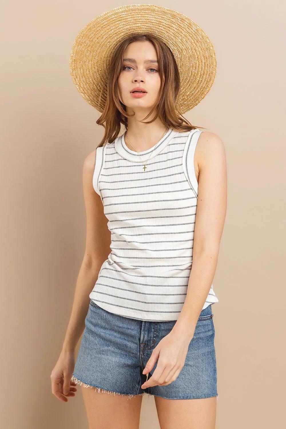 Jayla - Striped Round Neck Tank - Ivory - Exclusively Online