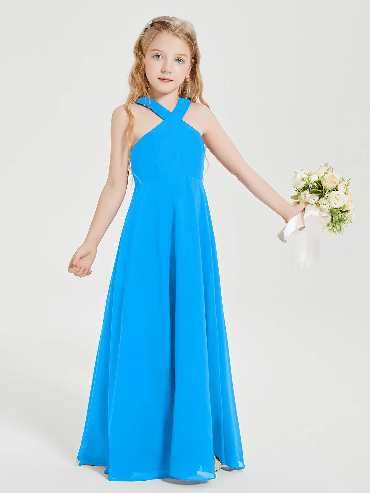 Junior Bridesmaid Dresses Grecian Neckline Floor Length Ocean Blue