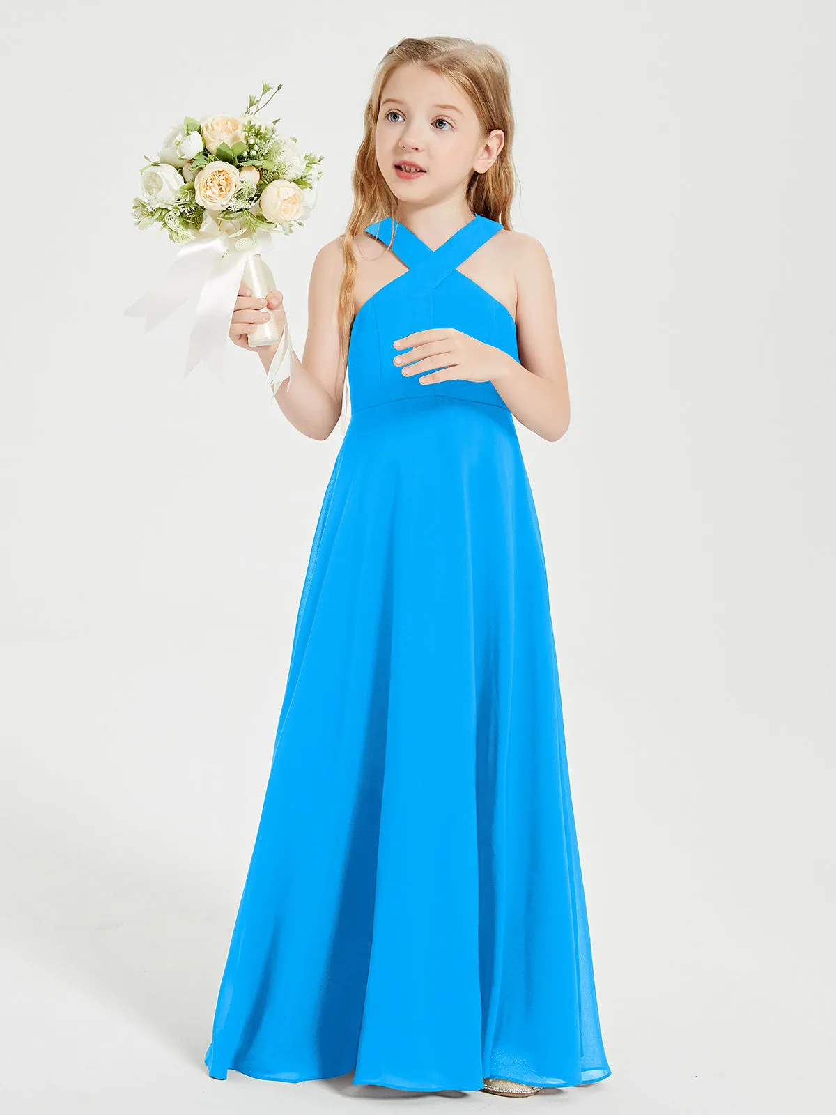 Junior Bridesmaid Dresses Grecian Neckline Floor Length Ocean Blue