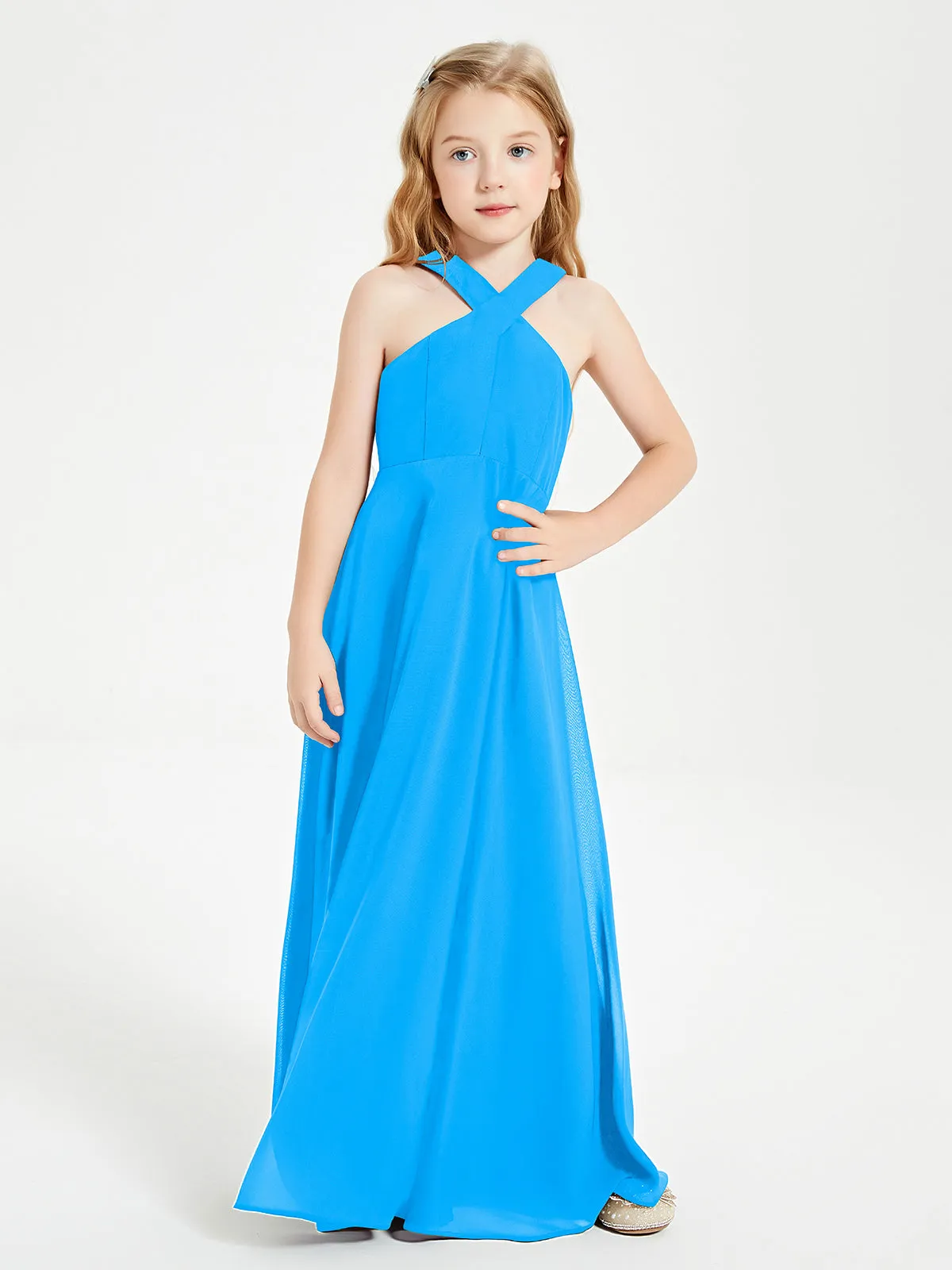 Junior Bridesmaid Dresses Grecian Neckline Floor Length Ocean Blue