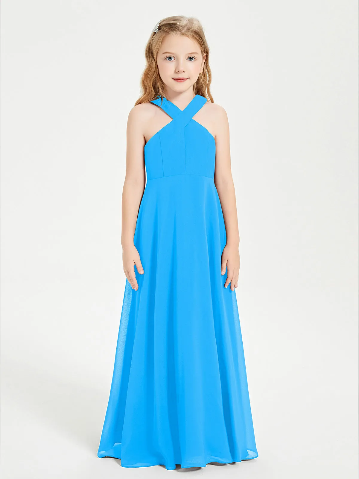 Junior Bridesmaid Dresses Grecian Neckline Floor Length Ocean Blue