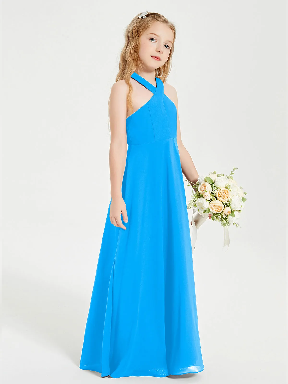 Junior Bridesmaid Dresses Grecian Neckline Floor Length Ocean Blue