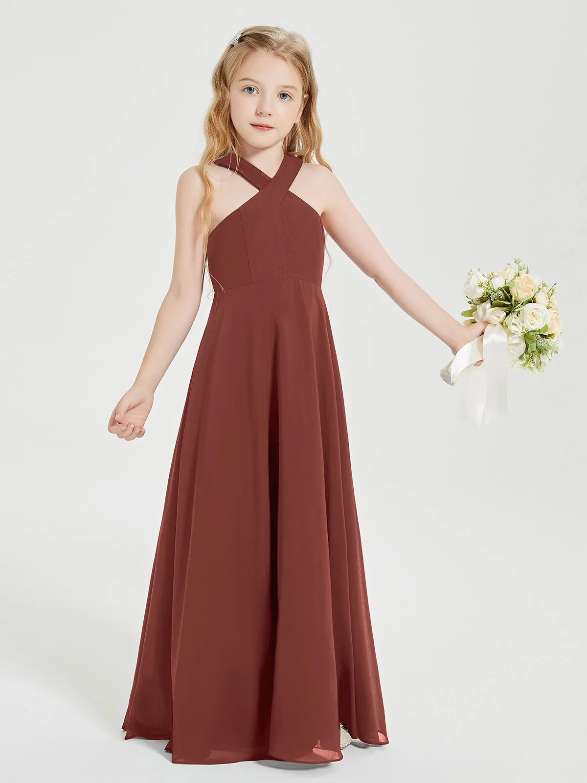 Junior Bridesmaid Dresses Grecian Neckline Floor Length Terracotta