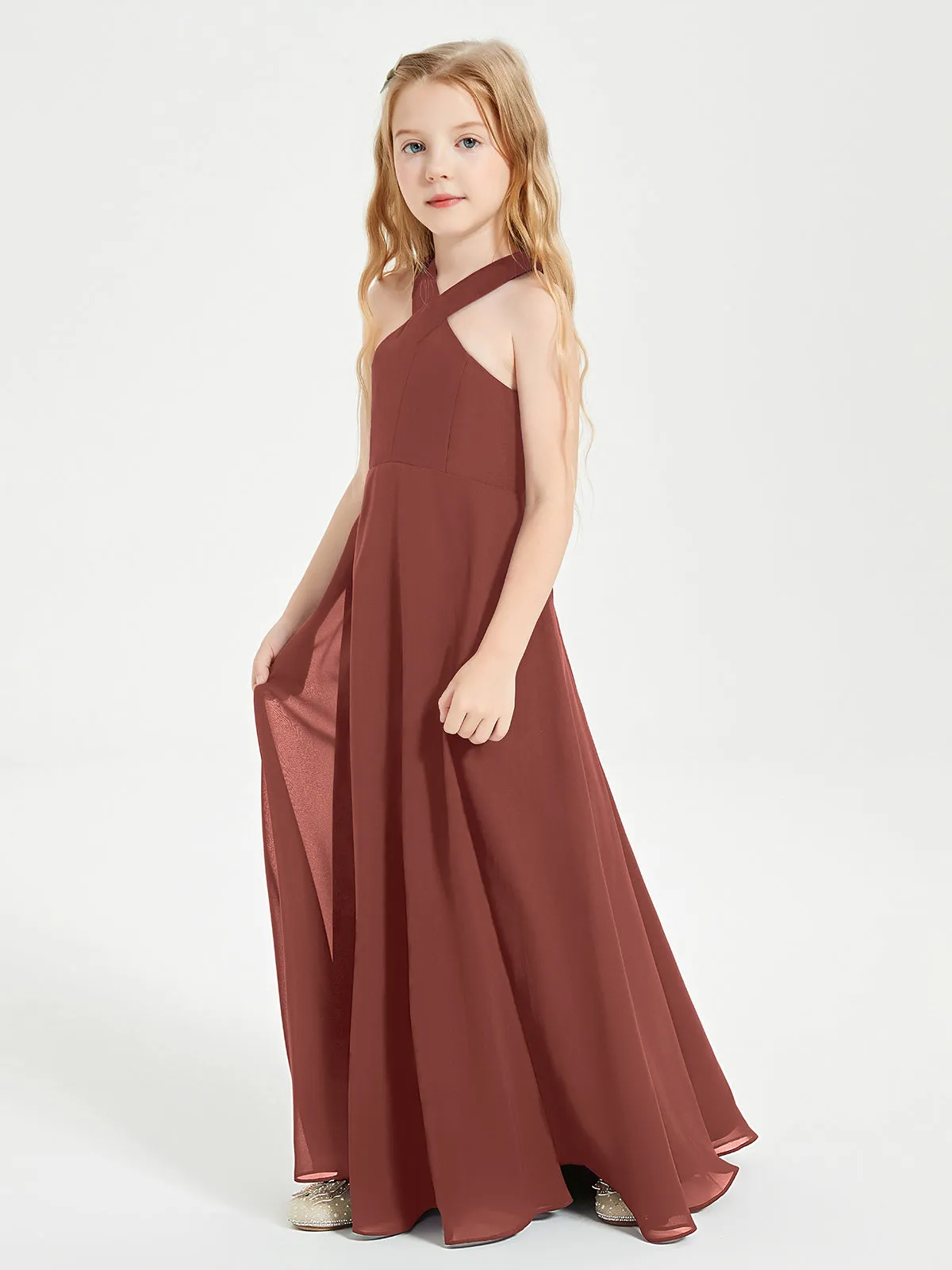 Junior Bridesmaid Dresses Grecian Neckline Floor Length Terracotta