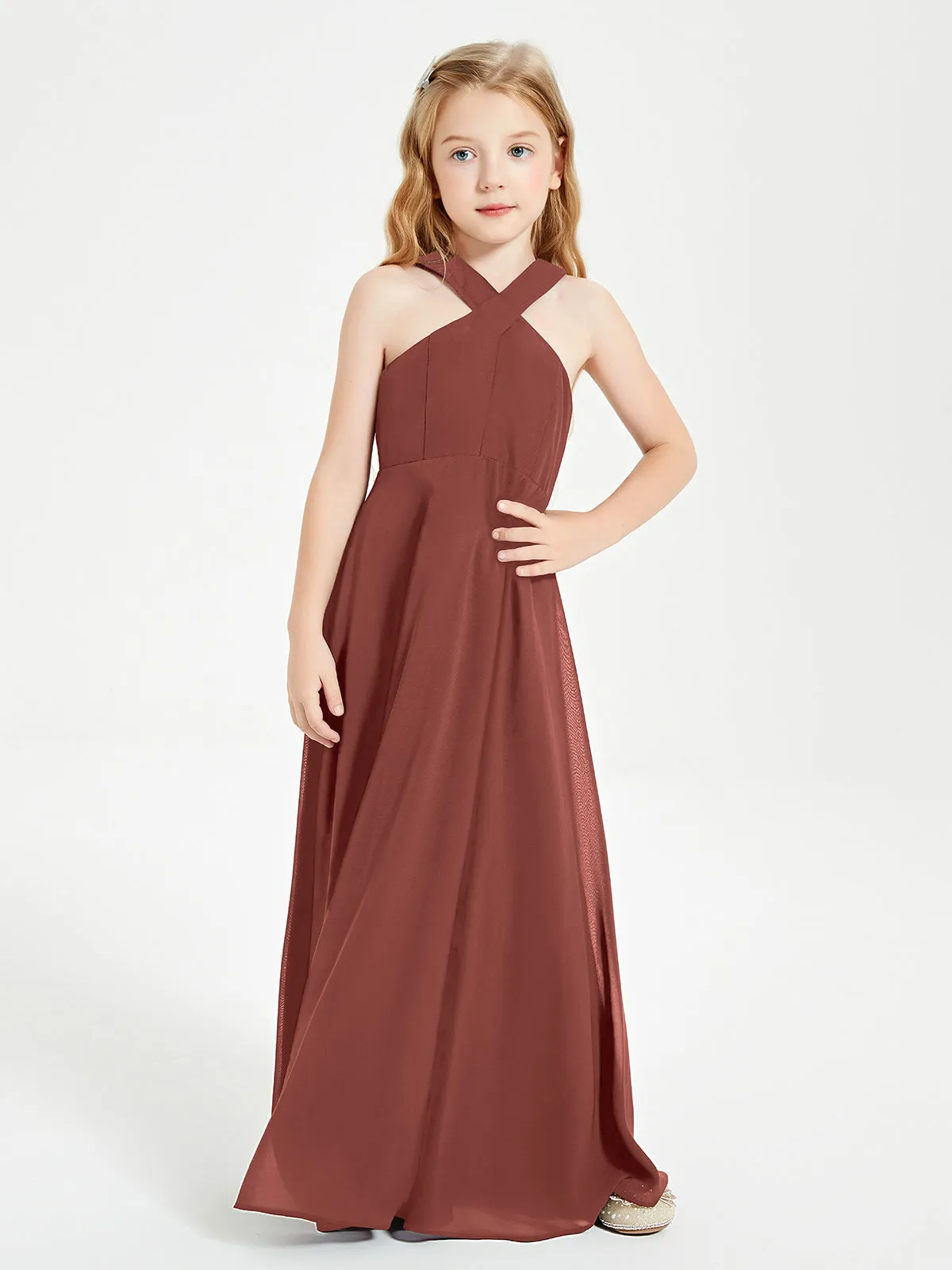 Junior Bridesmaid Dresses Grecian Neckline Floor Length Terracotta