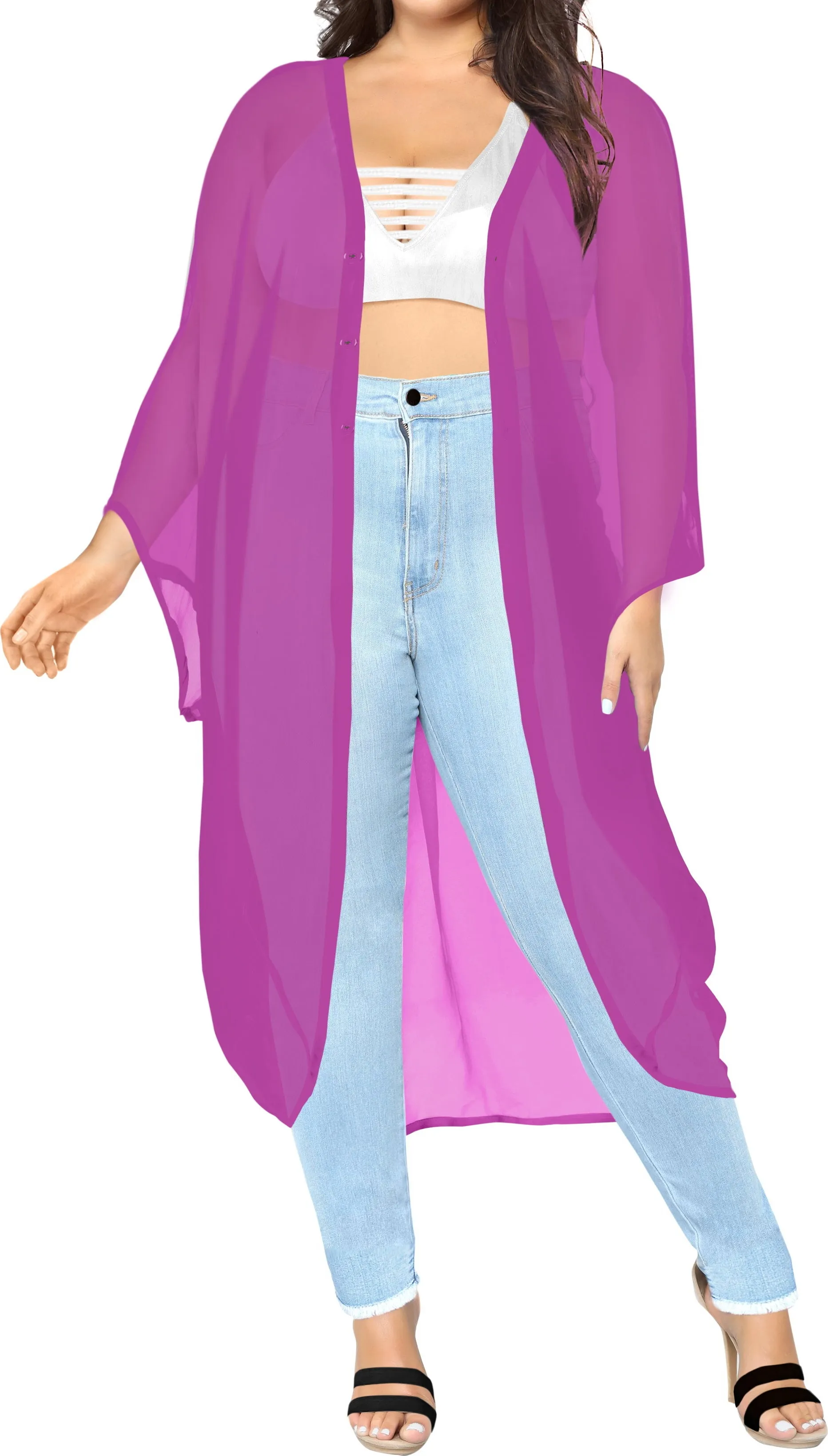 LA LEELA Women Kimono Blouse Beach Swimsuit Cover up Solid OSFM 16-28W [XL- 4X] Magenta_O984