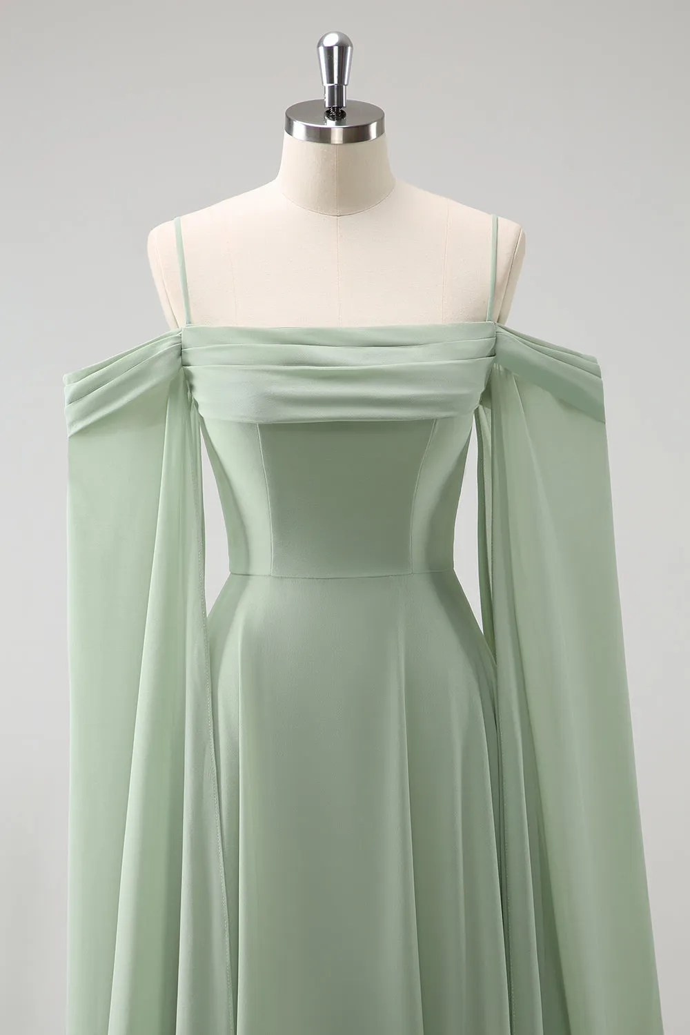 Light Green Cold Shoulder Detachable Sleeves A Line Chiffon Maxi Bridesmaid Dress
