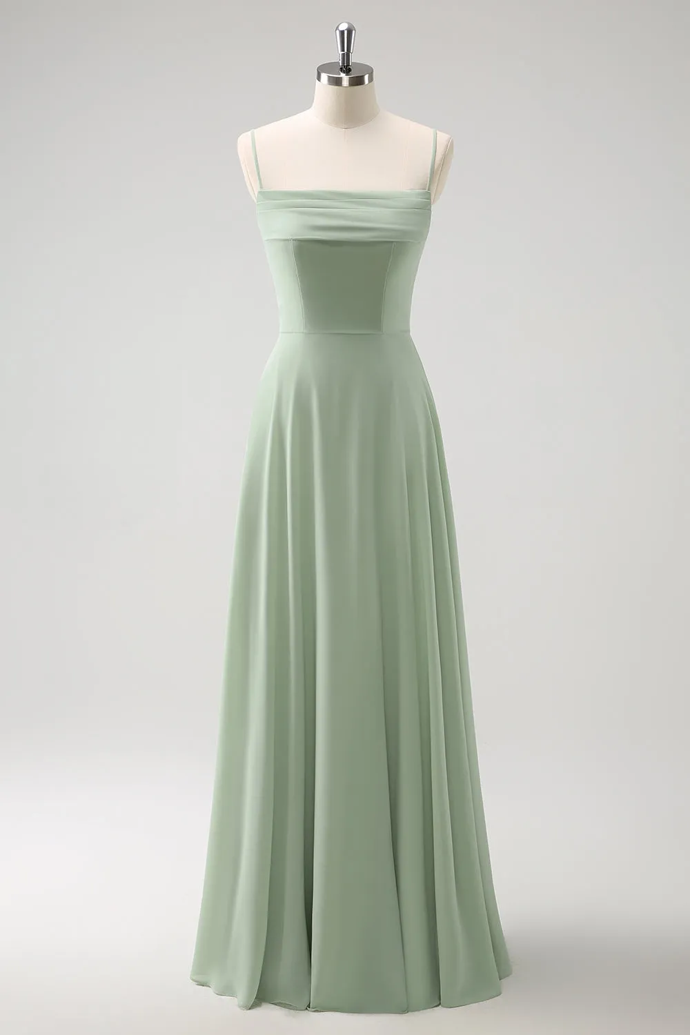 Light Green Cold Shoulder Detachable Sleeves A Line Chiffon Maxi Bridesmaid Dress
