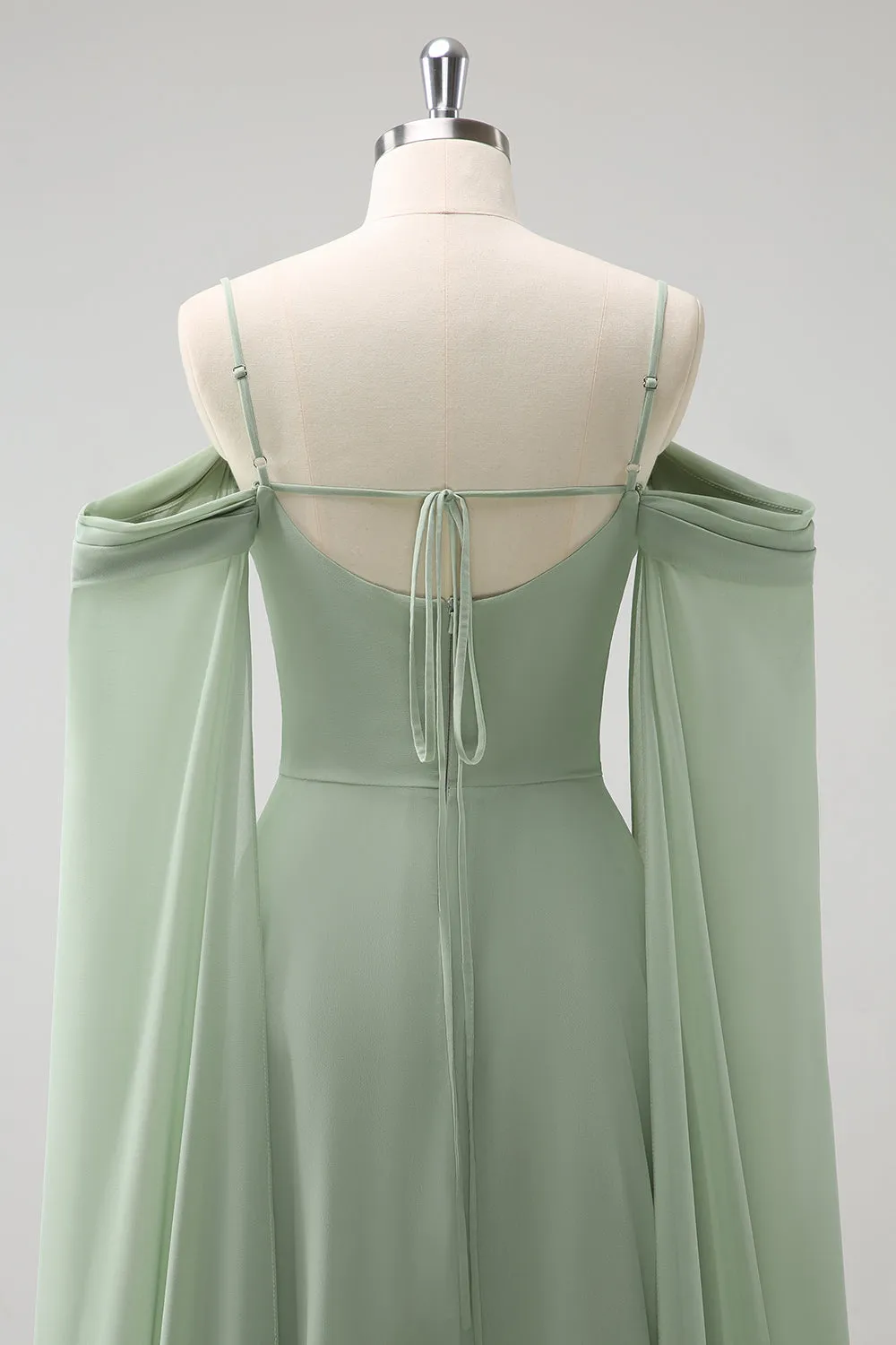 Light Green Cold Shoulder Detachable Sleeves A Line Chiffon Maxi Bridesmaid Dress