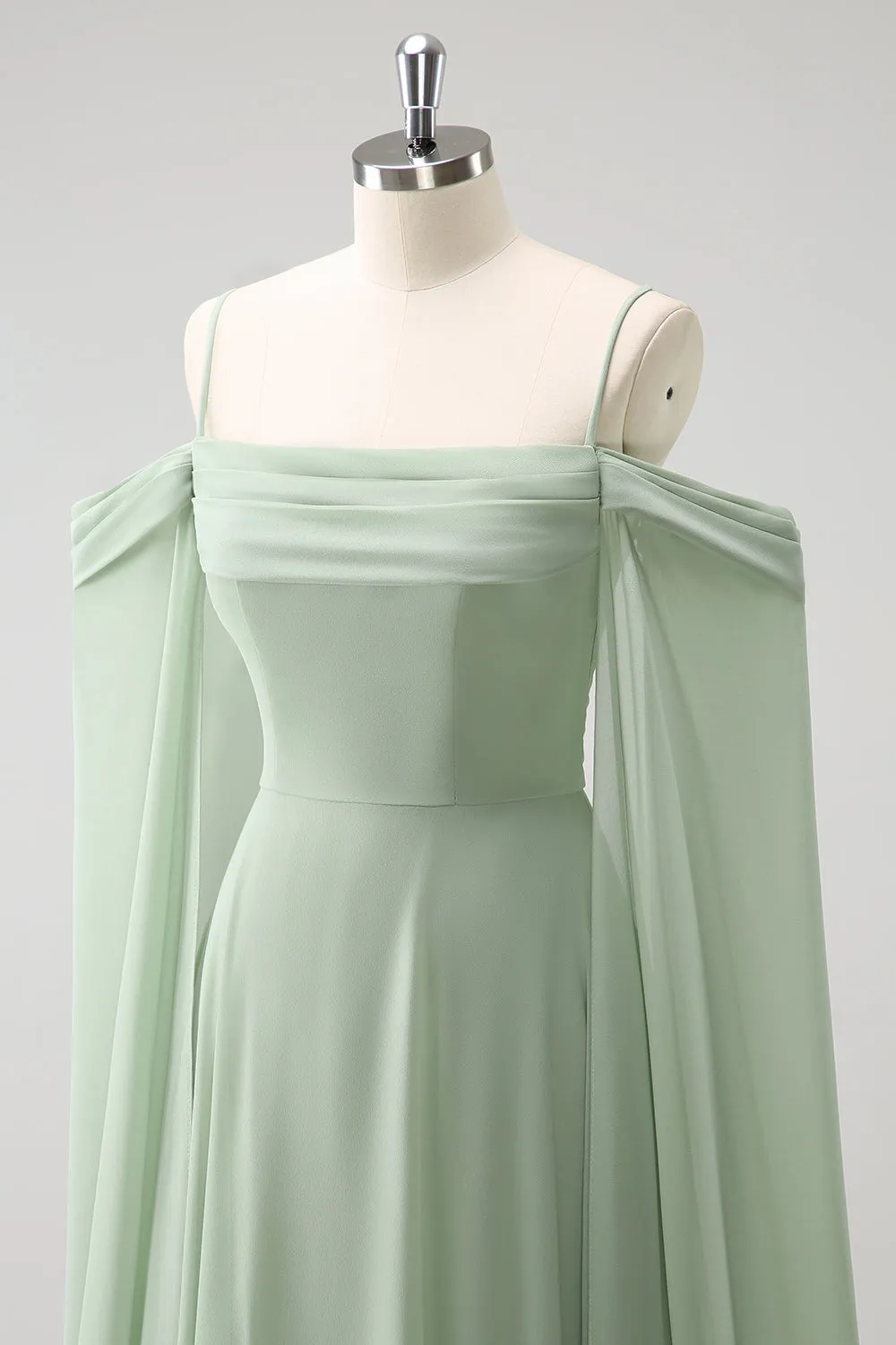 Light Green Cold Shoulder Detachable Sleeves A Line Chiffon Maxi Bridesmaid Dress