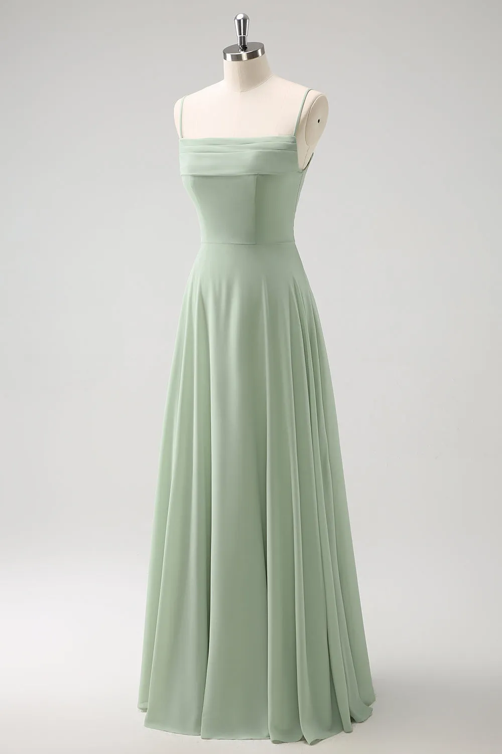 Light Green Cold Shoulder Detachable Sleeves A Line Chiffon Maxi Bridesmaid Dress