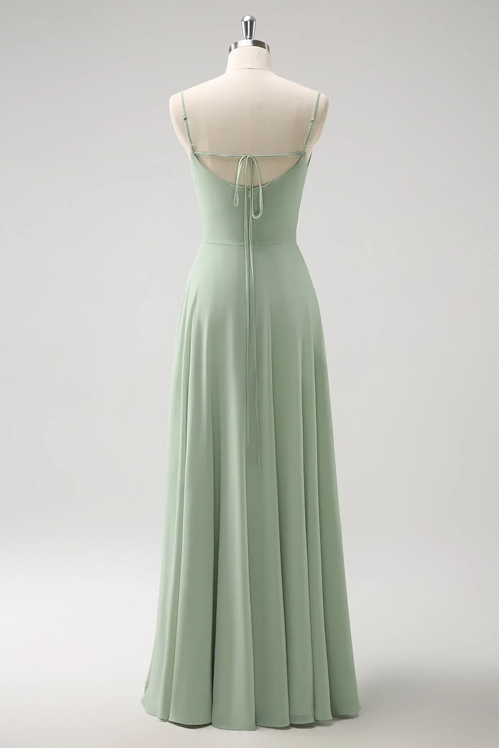 Light Green Cold Shoulder Detachable Sleeves A Line Chiffon Maxi Bridesmaid Dress
