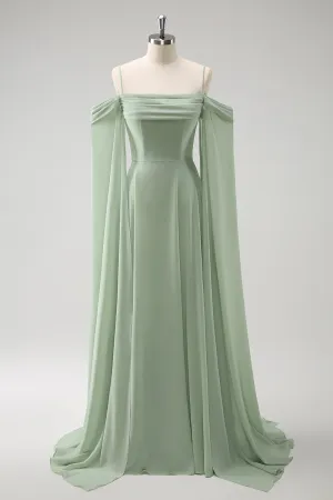 Light Green Cold Shoulder Detachable Sleeves A Line Chiffon Maxi Bridesmaid Dress