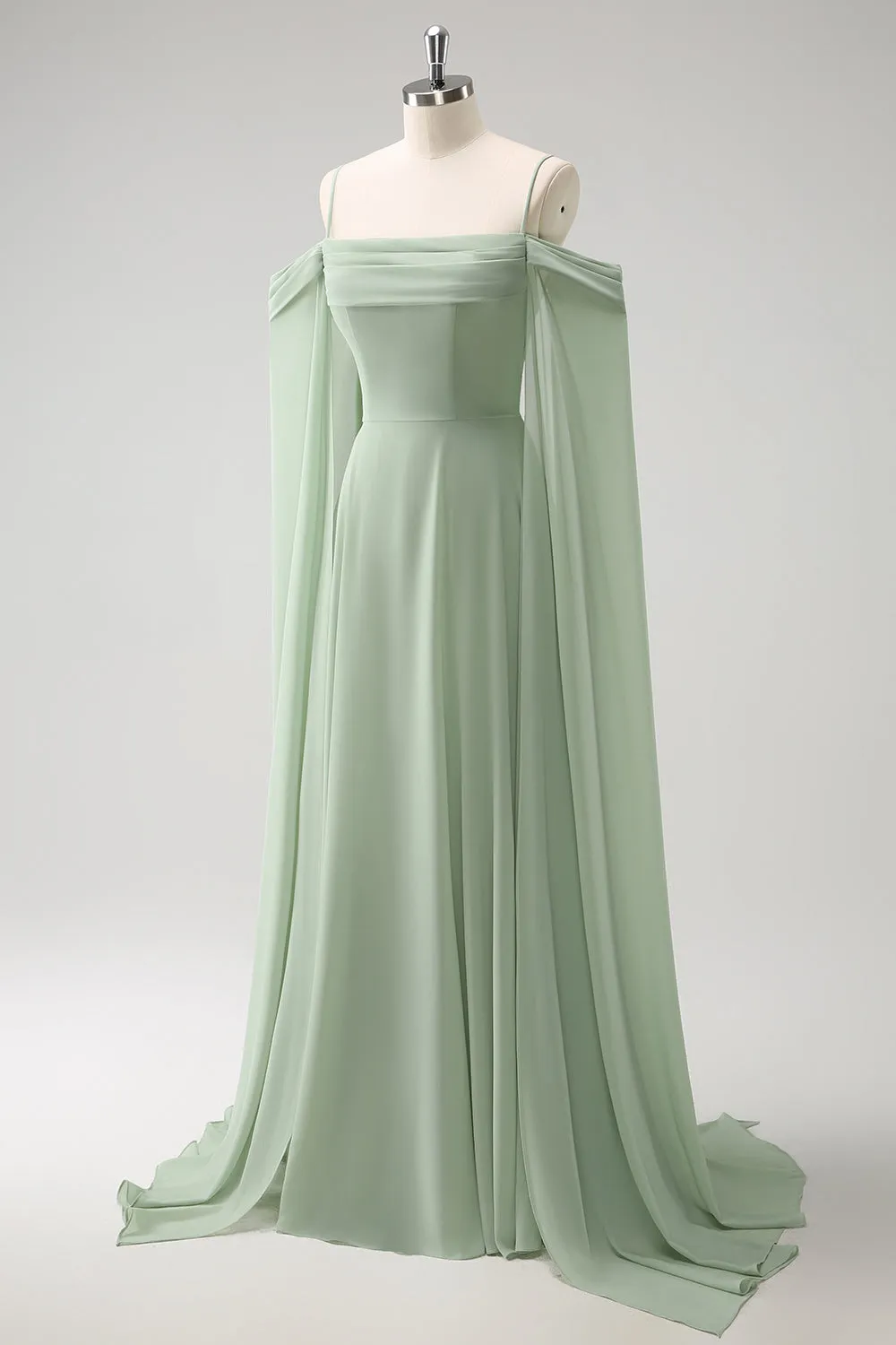 Light Green Cold Shoulder Detachable Sleeves A Line Chiffon Maxi Bridesmaid Dress