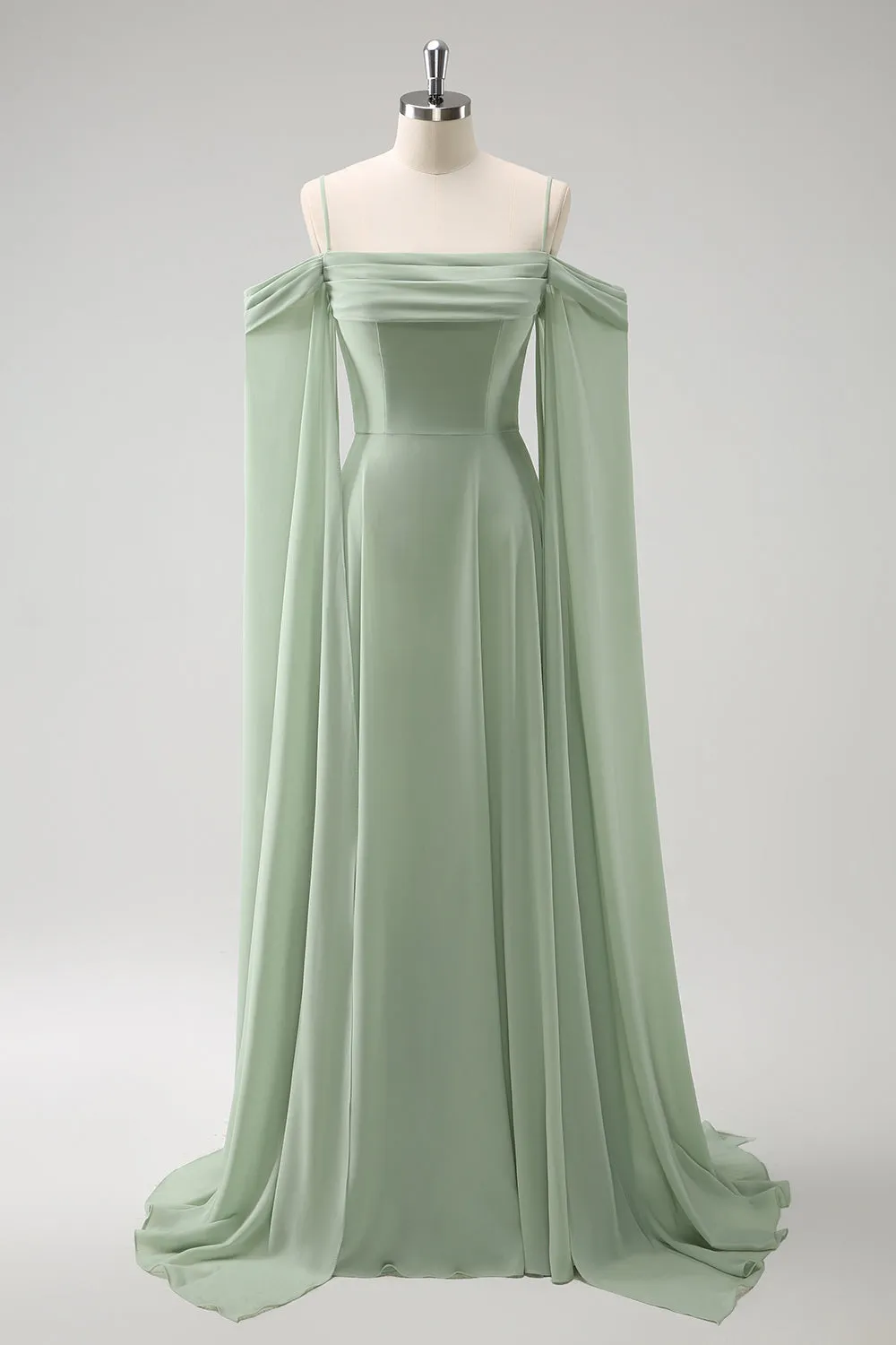 Light Green Cold Shoulder Detachable Sleeves A Line Chiffon Maxi Bridesmaid Dress