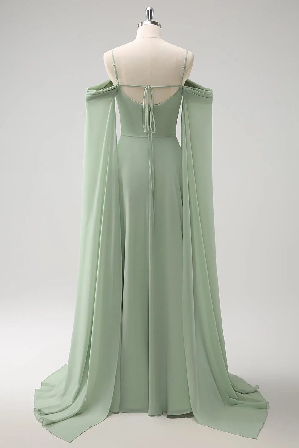 Light Green Cold Shoulder Detachable Sleeves A Line Chiffon Maxi Bridesmaid Dress