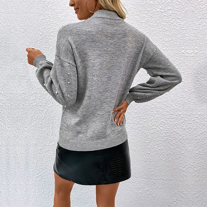 Long-Sleeve Solid Color Bead Pullover Sweater Wholesale Womens Tops