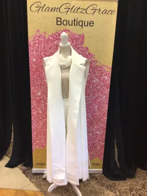 Long White Open Sides Sleeveless Vest With Scarf