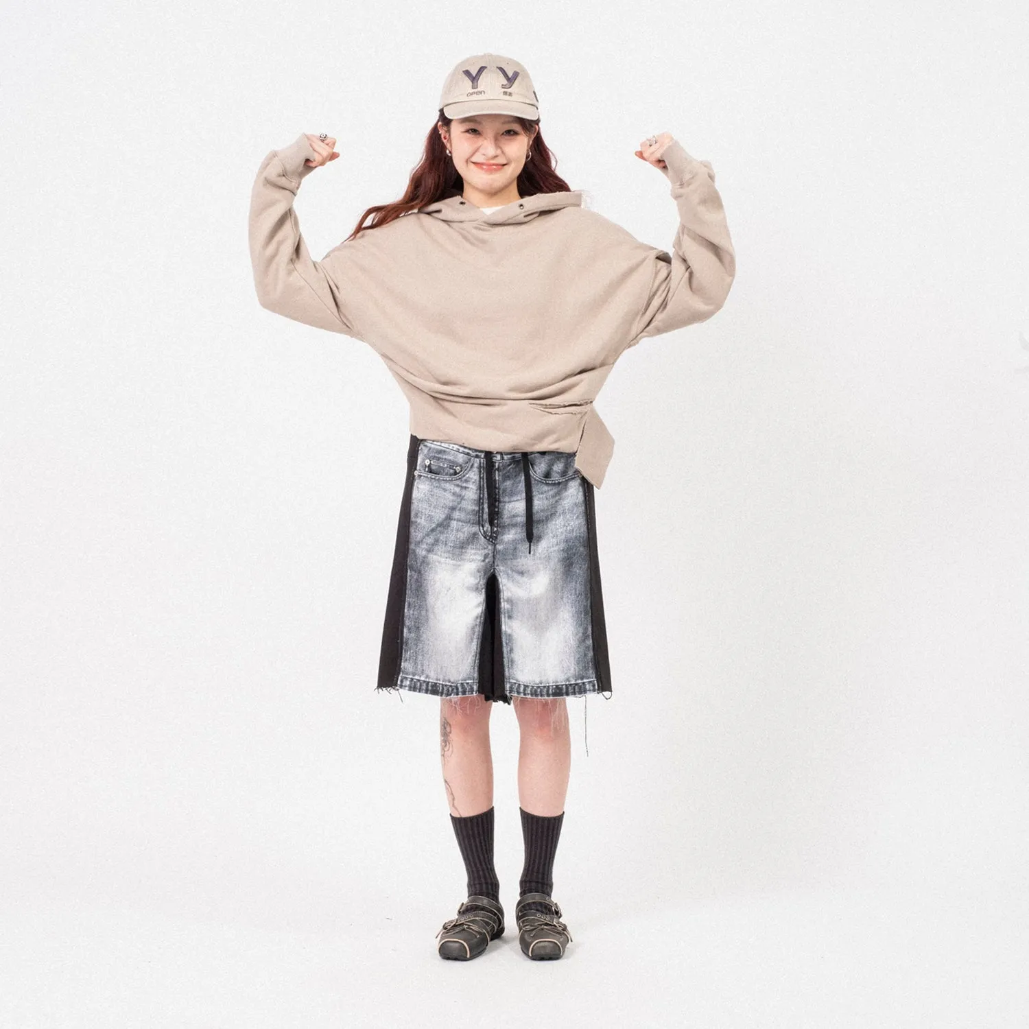 [OPEN YY] JEAN EFFECT JERSEY SHORTS _ BLACK