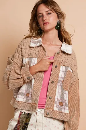 POL Corduroy Jacquard Patchwork Button Up Jacket in Teddy Bear Multi