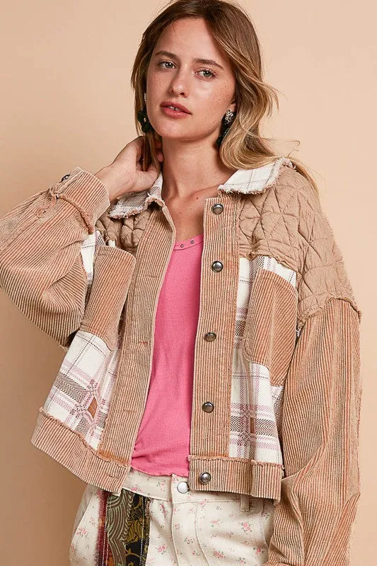 POL Corduroy Jacquard Patchwork Button Up Jacket in Teddy Bear Multi