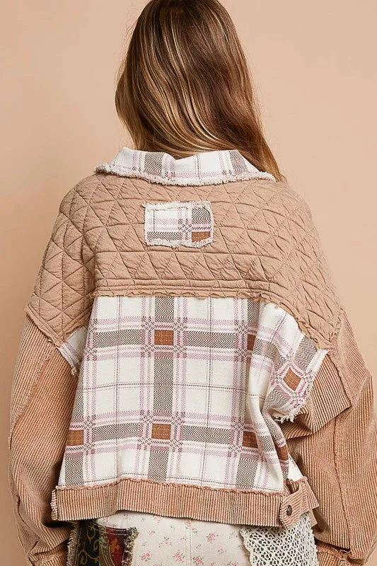 POL Corduroy Jacquard Patchwork Button Up Jacket in Teddy Bear Multi