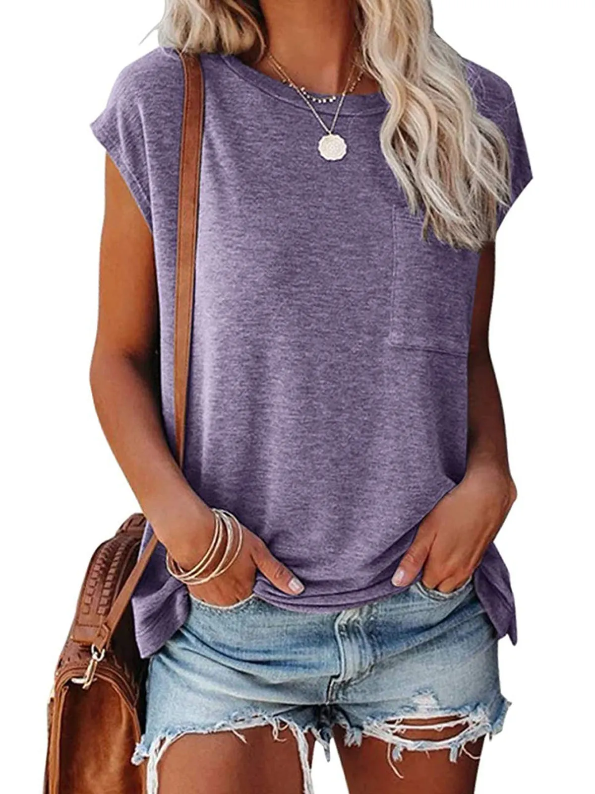 Rosvigor Women T Shirts Cap Sleeve Casual Tops for Women Summer Tee with Pocket