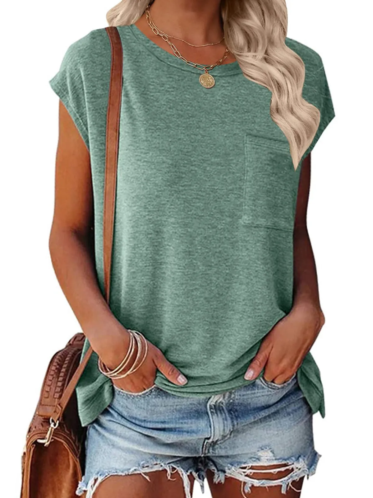 Rosvigor Women T Shirts Cap Sleeve Casual Tops for Women Summer Tee with Pocket