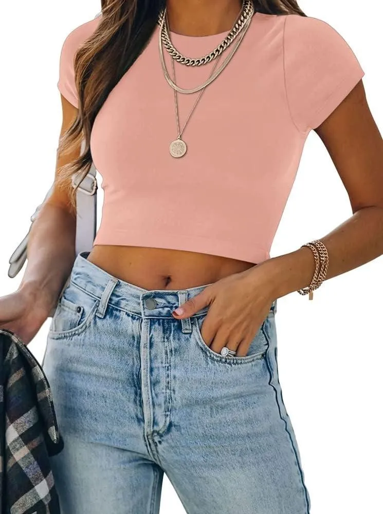 Short Sleeve High Neck Double Lined Tight T Shirts Crop Tops Tees