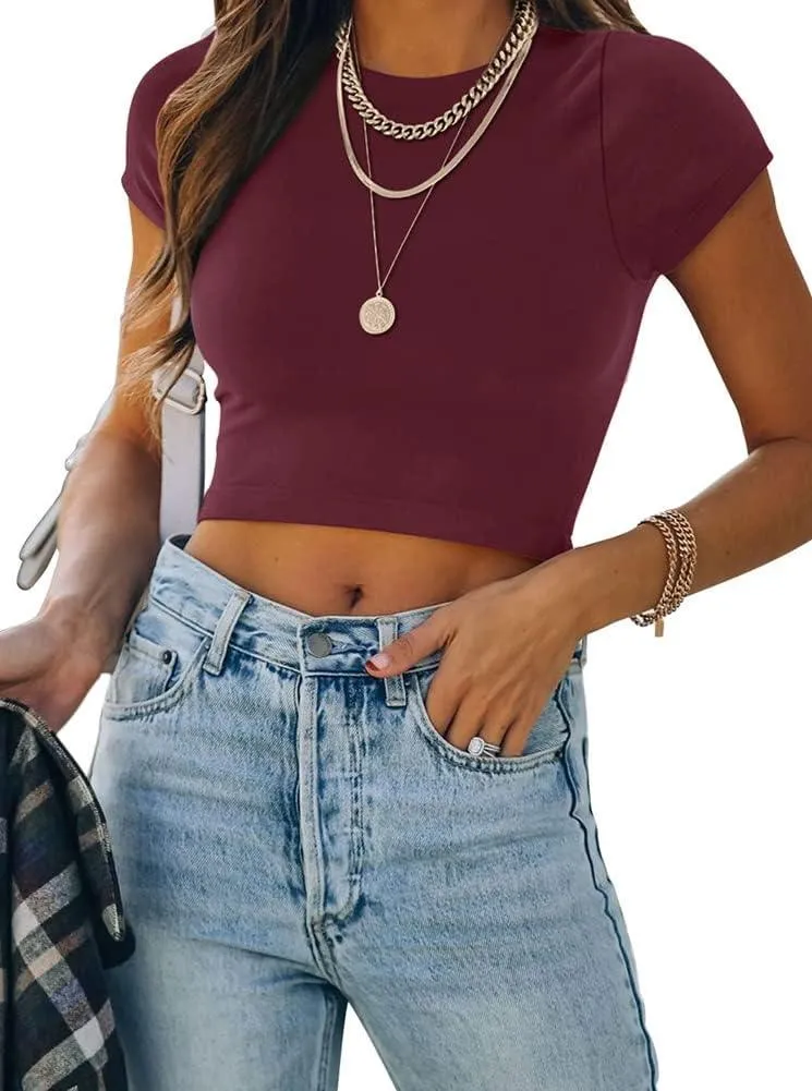 Short Sleeve High Neck Double Lined Tight T Shirts Crop Tops Tees