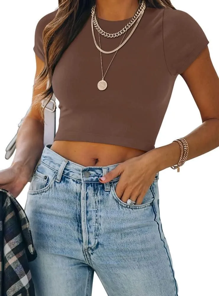 Short Sleeve High Neck Double Lined Tight T Shirts Crop Tops Tees